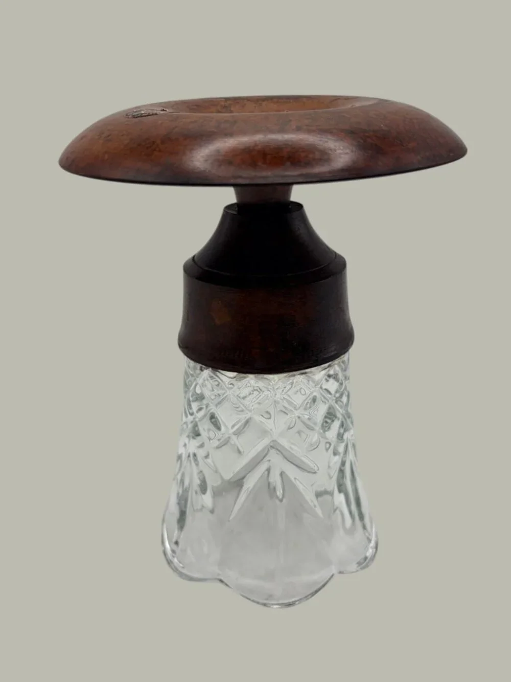 Vintage S.N.K. India Crystal Votive Candle Holder Faux Burl Wood Pedestal 6